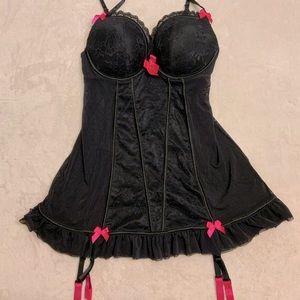 La Senza black lace pink bow push up babydoll teddy lingerie with garter Size M